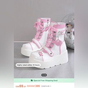 Pink and white chunky rave boots heart accent